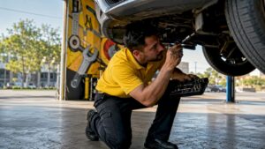 Mechanic using specialized tool on European sedan suspension