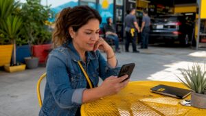 Customer reading online reviews in auto shop lobby