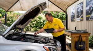 Technician inspecting European car in local Fort Worth shop