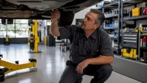 Technician inspecting car engine in bright garage