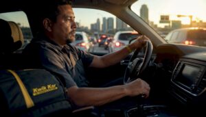 Driver navigating congested Fort Worth highway in summer