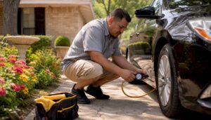 Man checking tire pressure on car outdoors