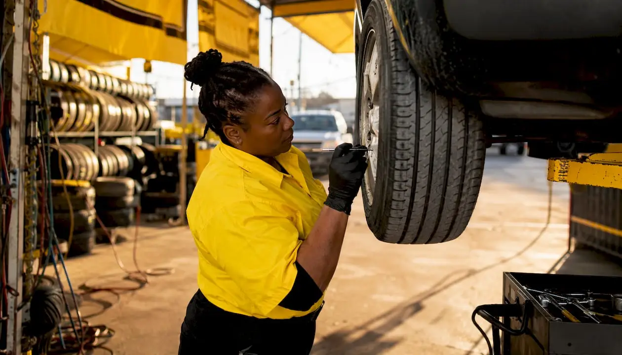 Technician inspecting tire tread in auto shop
