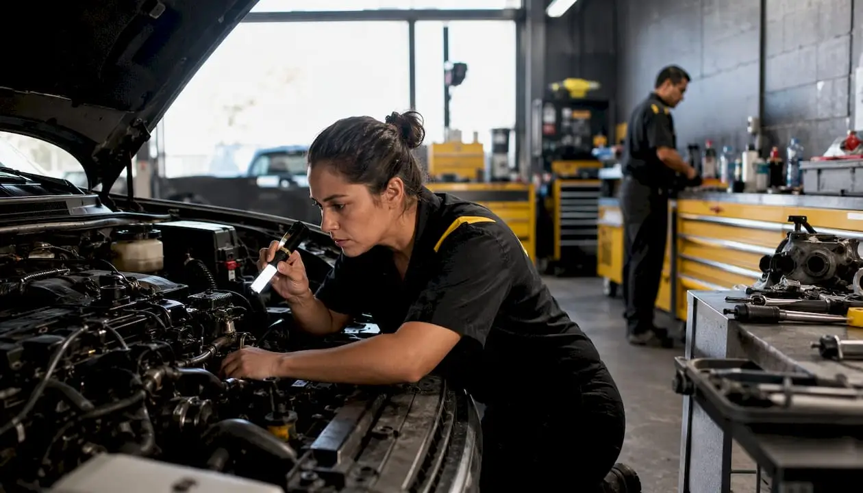 Female mechanic checking engine at service shop overhead view