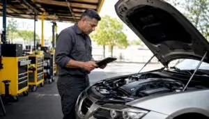 Technician diagnosing BMW with tablet in garage