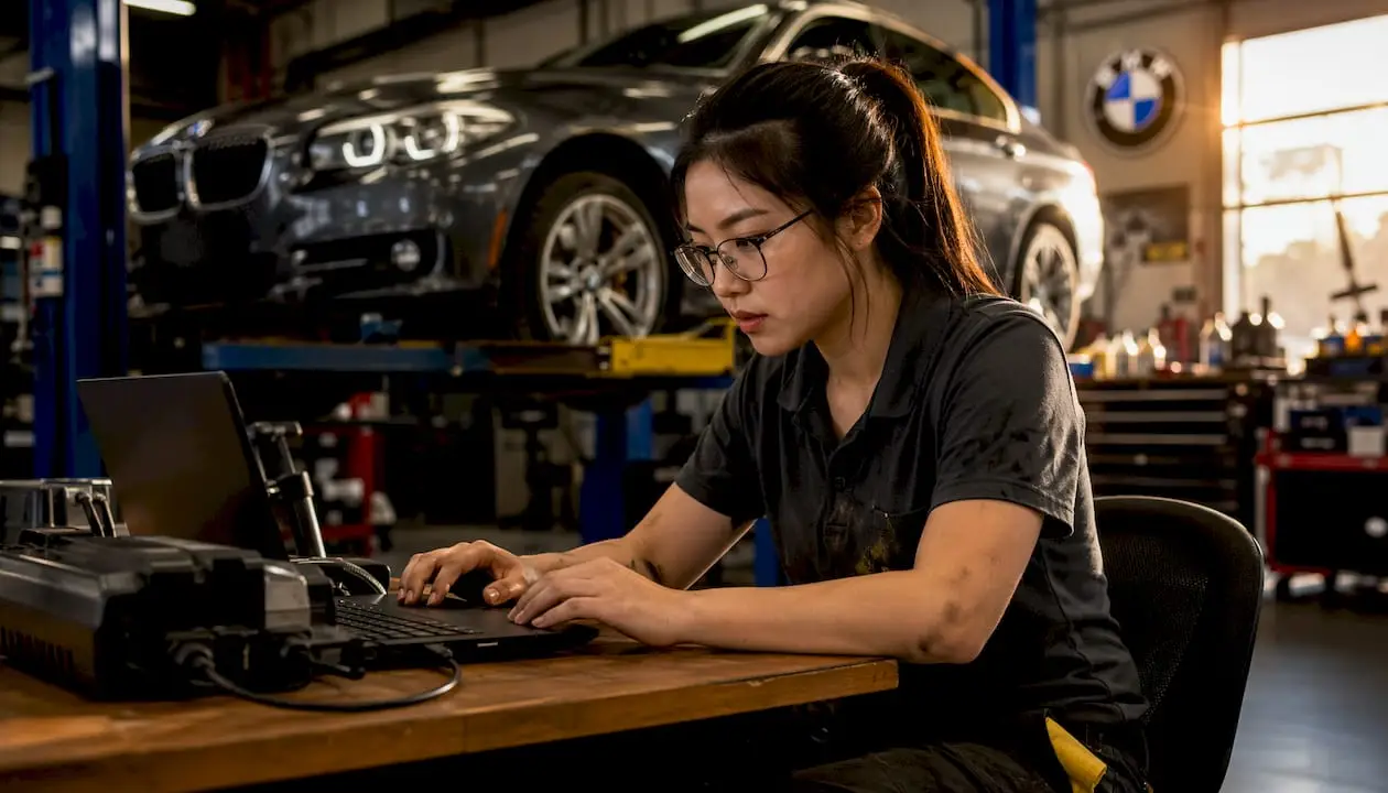 Technician using BMW diagnostic equipment at shop desk