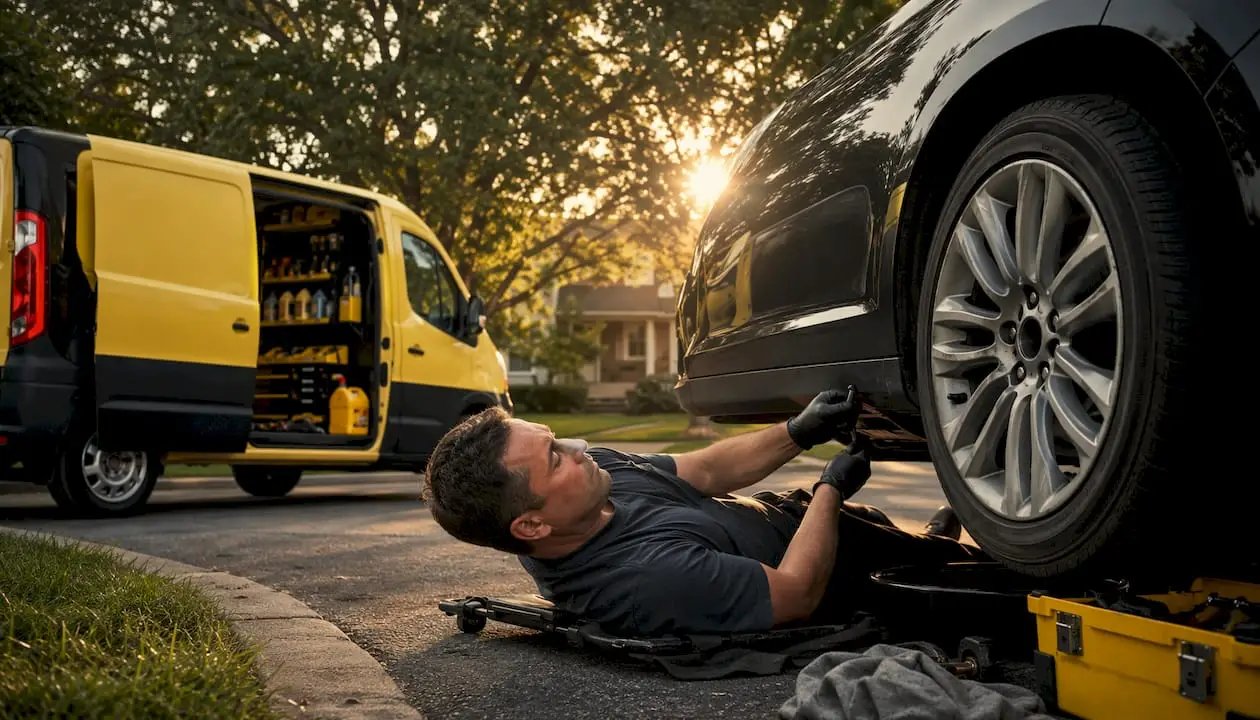 Hands of technician performing mobile oil change outdoors