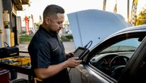 Mechanic checking car dashboard TPMS warning