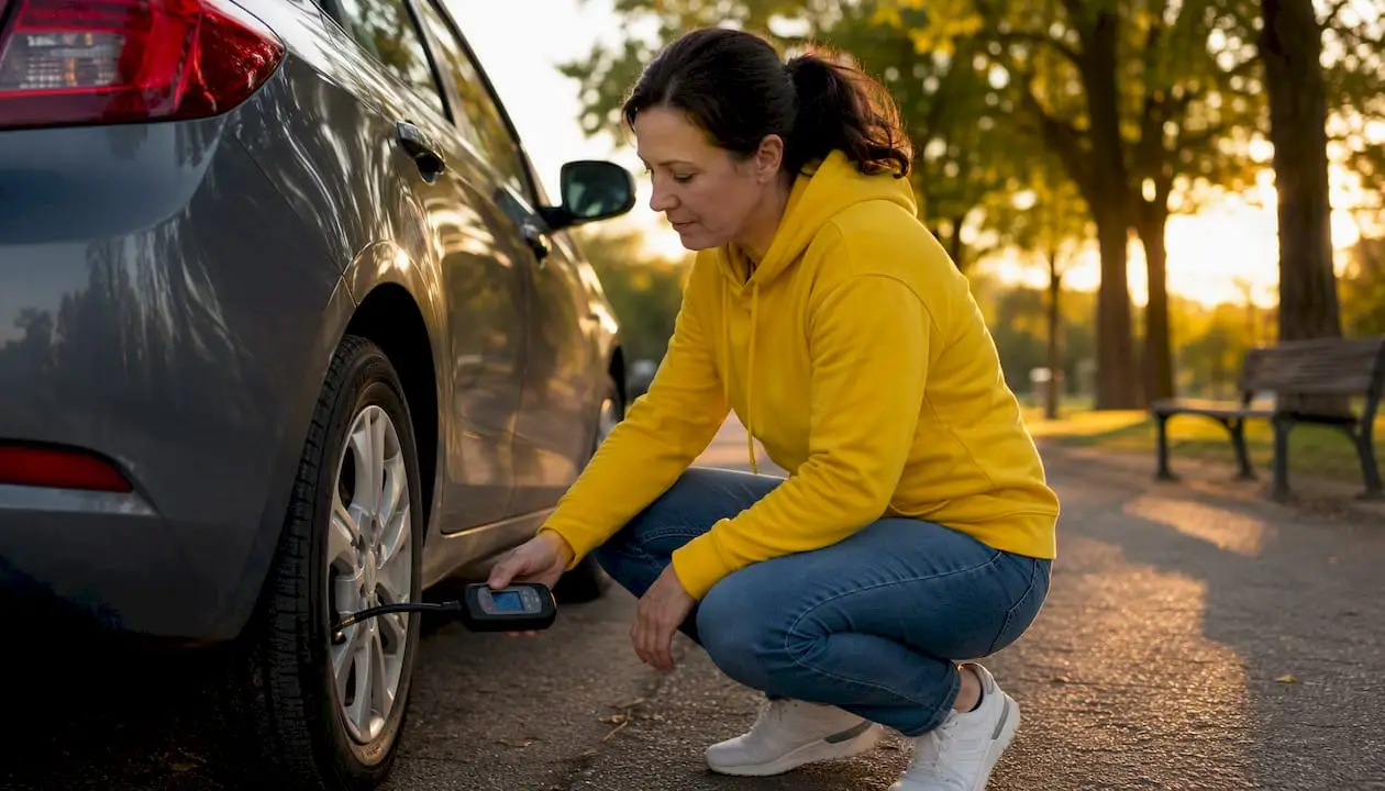 Woman measuring tire pressure outdoors