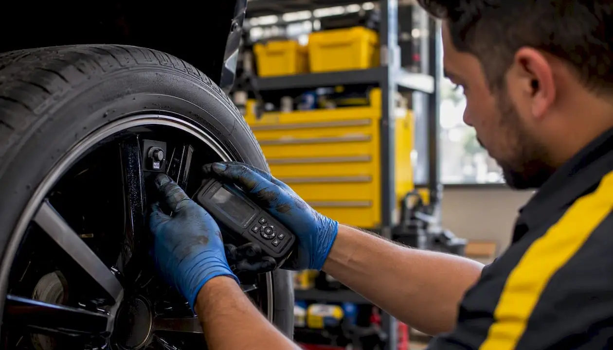 Direct TPMS sensor in car tire close-up