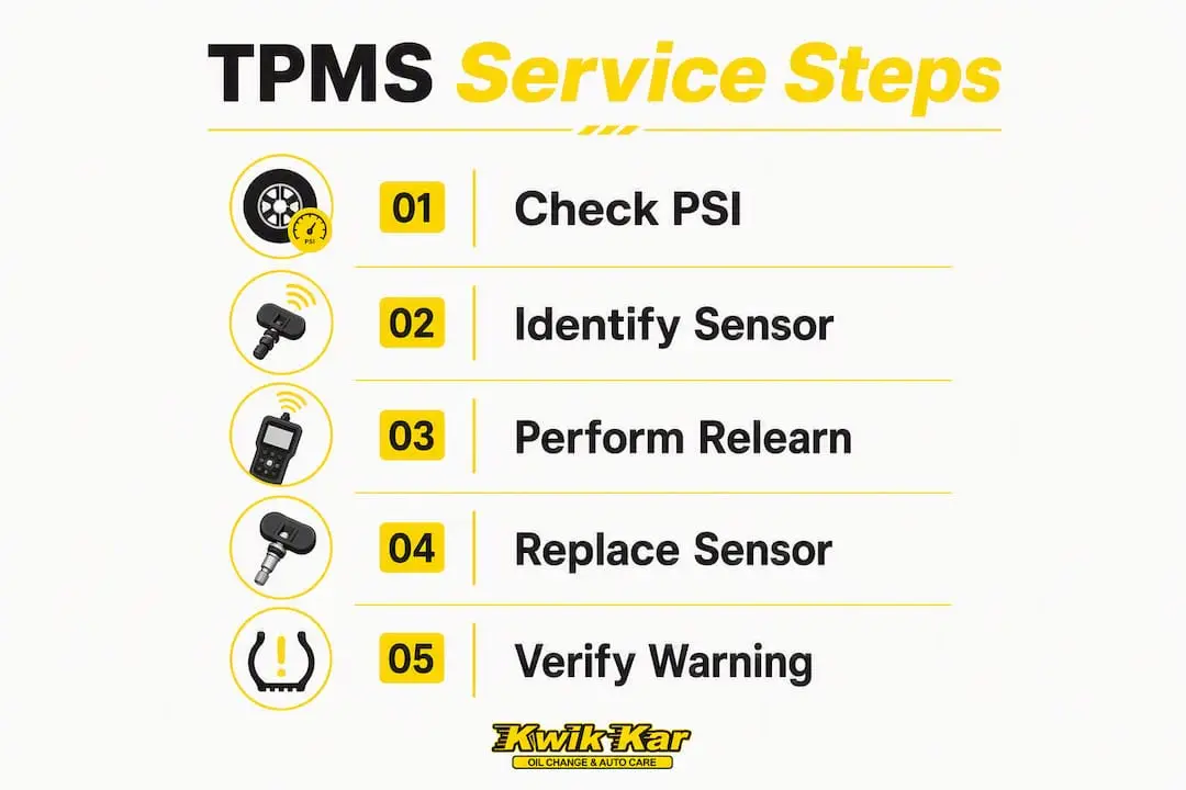 Infographic detailing TPMS service steps and fixes