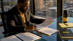 Fleet manager reviewing service contracts