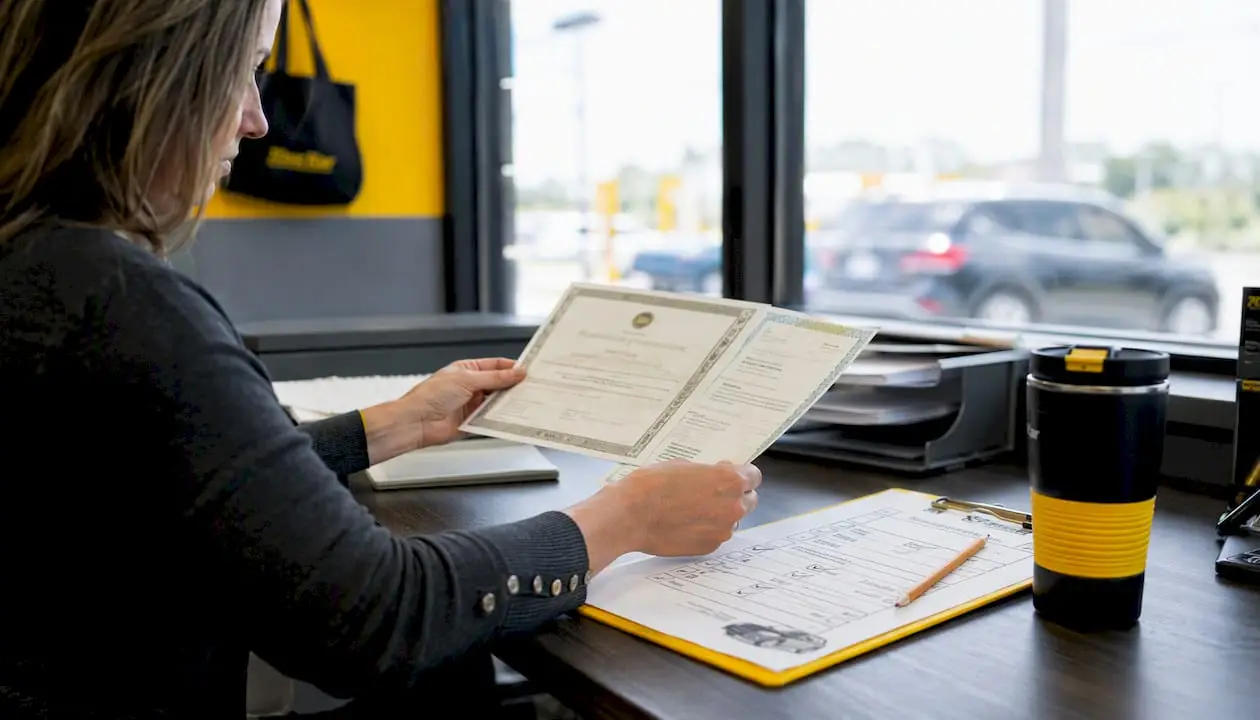 Hands holding shop credentials and insurance papers