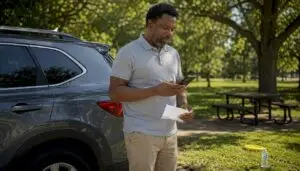 Man using phone to find vehicle emissions station in Fort Worth