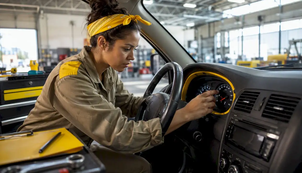 Mechanic checking fuel gauge before emissions test