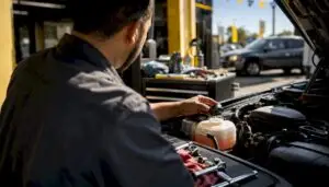Technician checking car coolant in engine bay