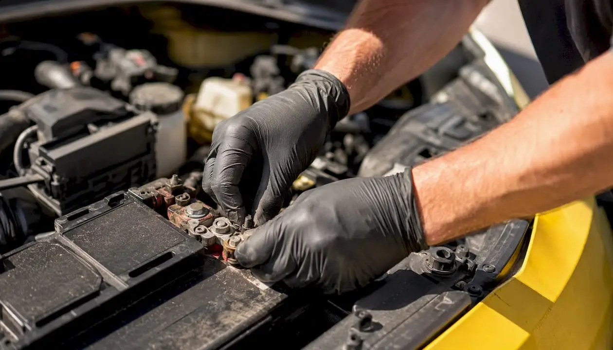 Technician checking car battery terminals outdoors