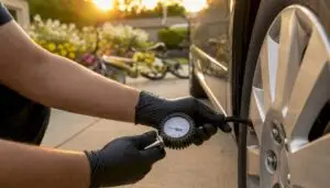 Hands checking minivan tire pressure