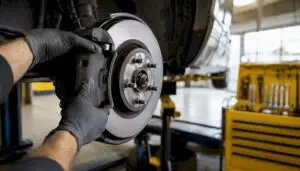 Technician replacing brake pads close-up