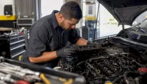 Technician inspecting engine oil leak