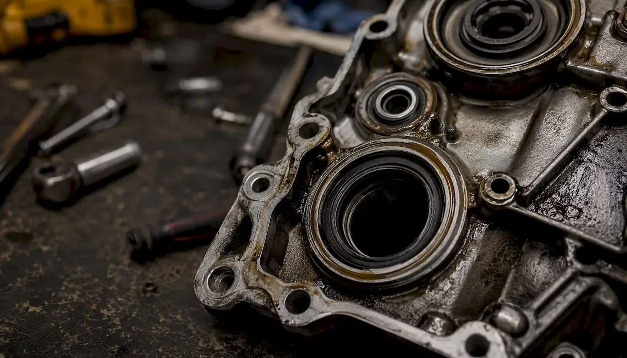 Close-up of engine gaskets and seals