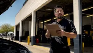 Technician inspecting auto repair shop entrance