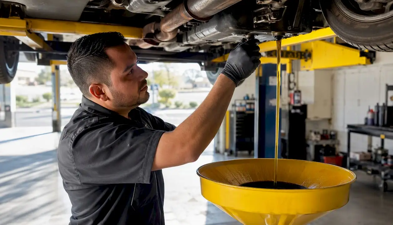 Hands performing oil change on vehicle