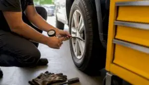 Hands using tire pressure gauge on car tire