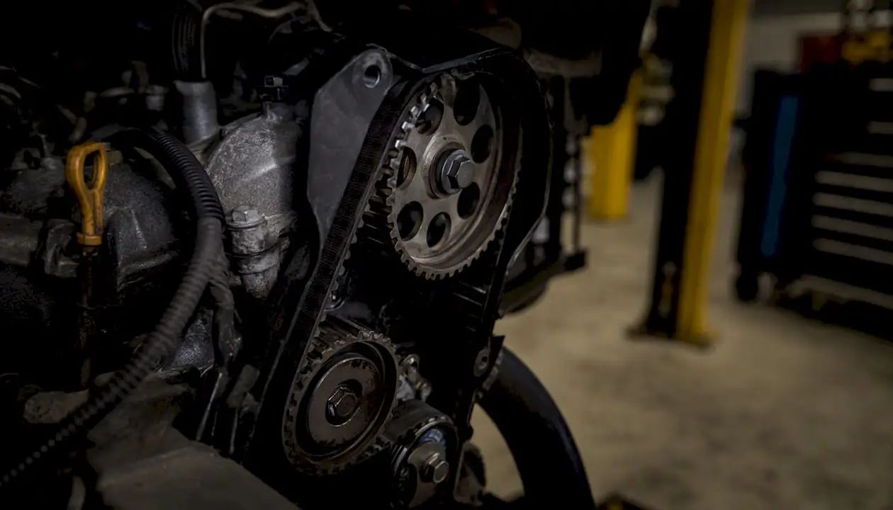 Close-up of timing belt on engine pulleys