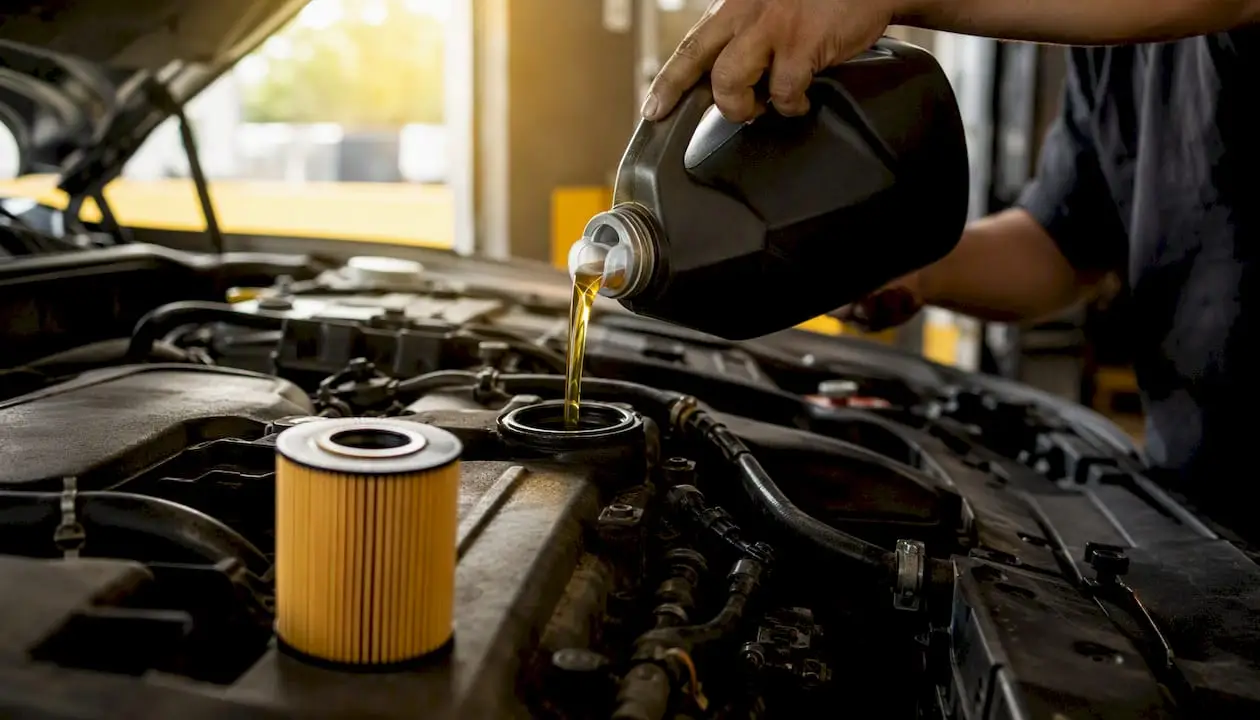 Pouring engine oil near oil filter
