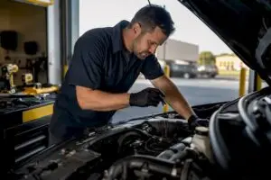 Technician inspecting used car engine bay