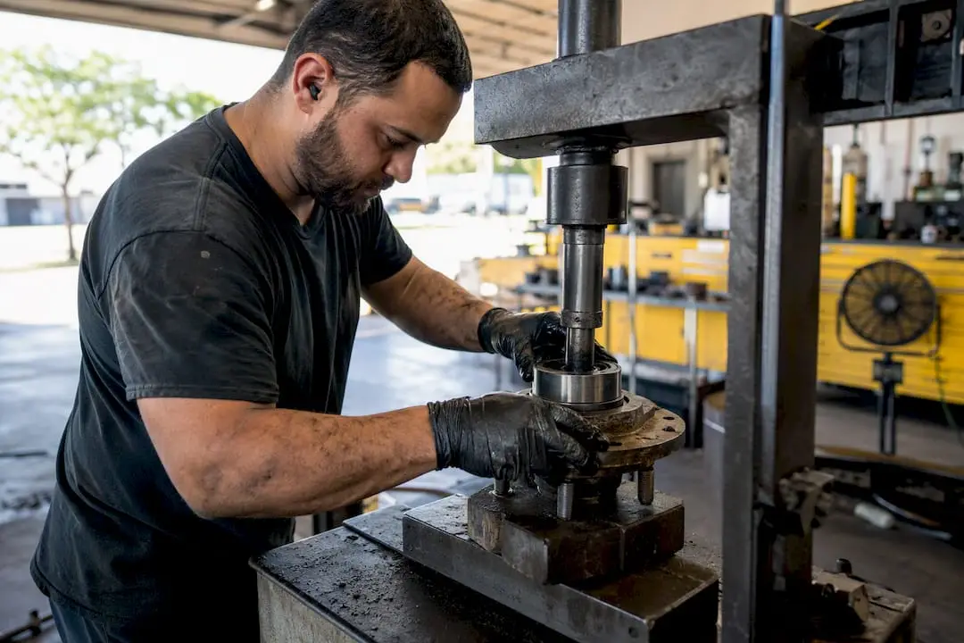 Mechanic installing press-in wheel bearing with press tool