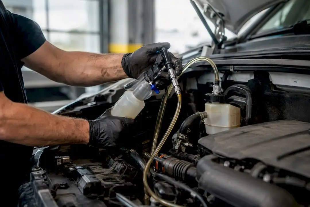 Hands connecting brake fluid flush equipment on truck