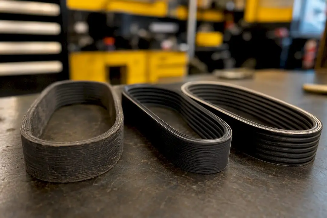 Three serpentine belts with different designs stacked