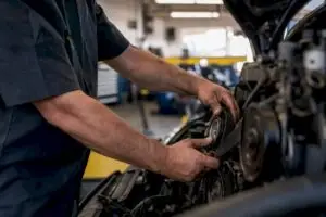 Technician replacing serpentine belt, close-up