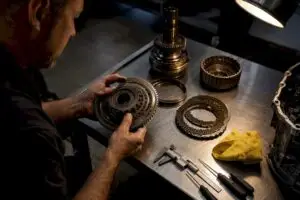 Technician inspecting transmission gearset during rebuild