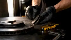 Technician comparing worn brake pad and rotor