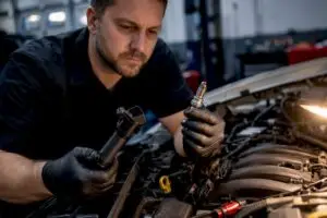 Technician inspecting spark plug and ignition coil