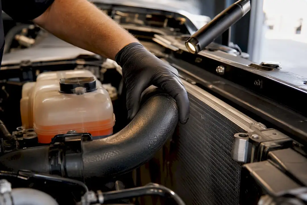 Technician inspecting radiator hose and coolant