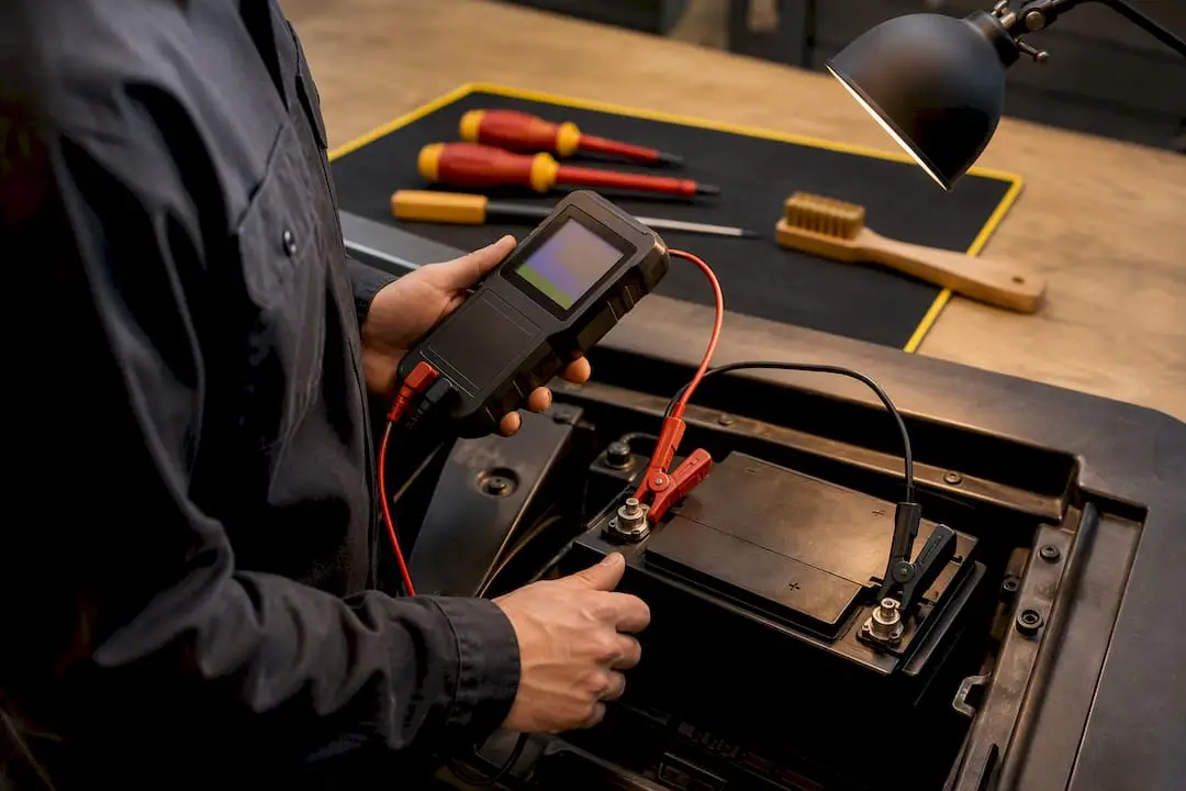 Technician performing an automotive battery load test
