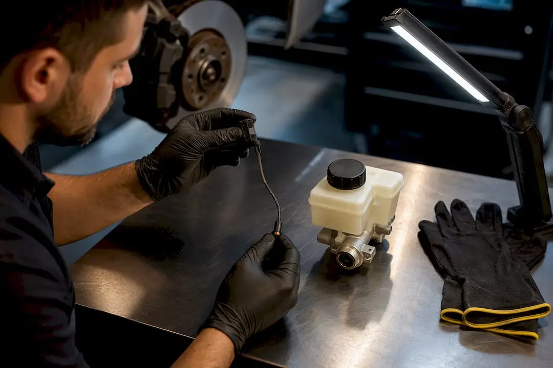 Technician inspecting brake wear sensor