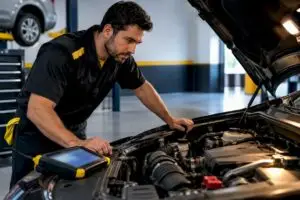 Technician diagnosing rough engine idle