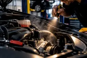 Steam rising near a vehicle water pump