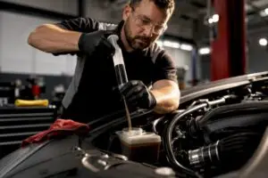 Technician changing power steering fluid