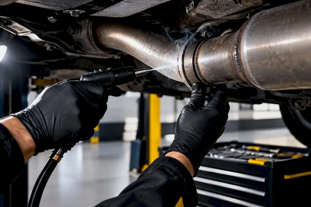 Technician checking exhaust joint for leaks
