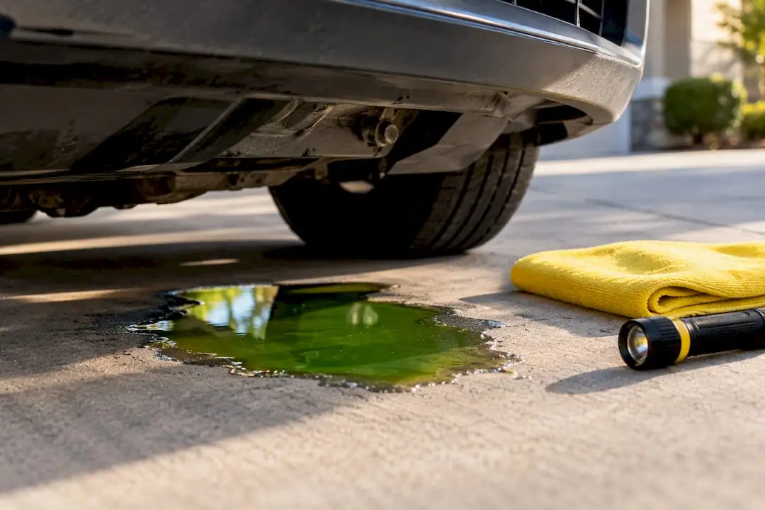 Coolant puddle beneath vehicle during leak check