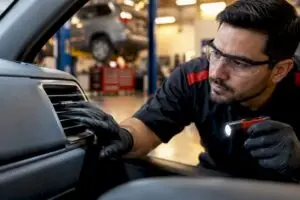 Technician checking airflow from car heater vent