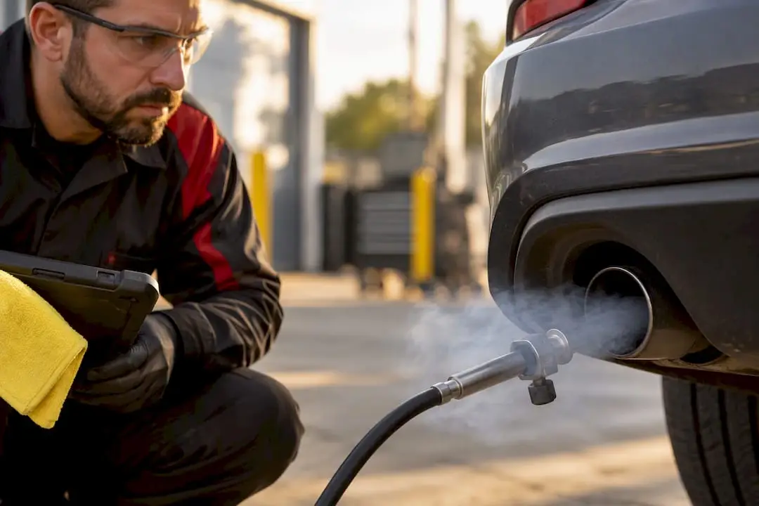 Technician observing blue exhaust smoke