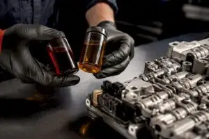 Technician comparing transmission fluid samples