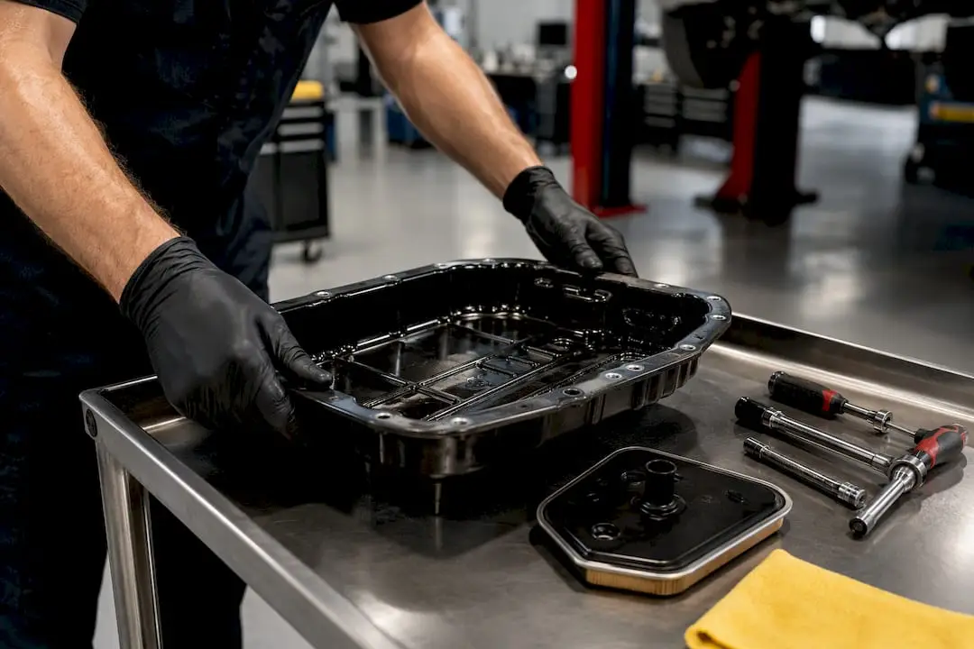 Technician servicing transmission pan and filter
